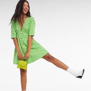 ASOS | Green & White Florals Plunge V-Neck Buttoned Front Mini Summer Dress